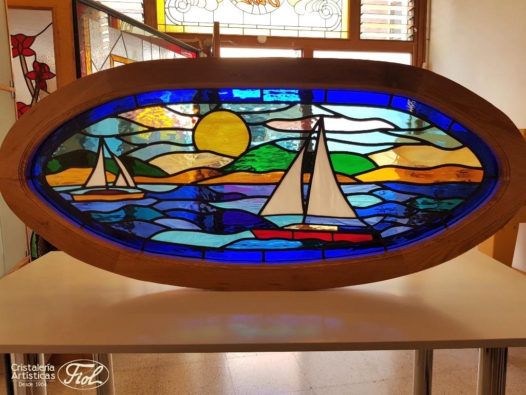 OVAL STAINED GLASS WITH BOATS