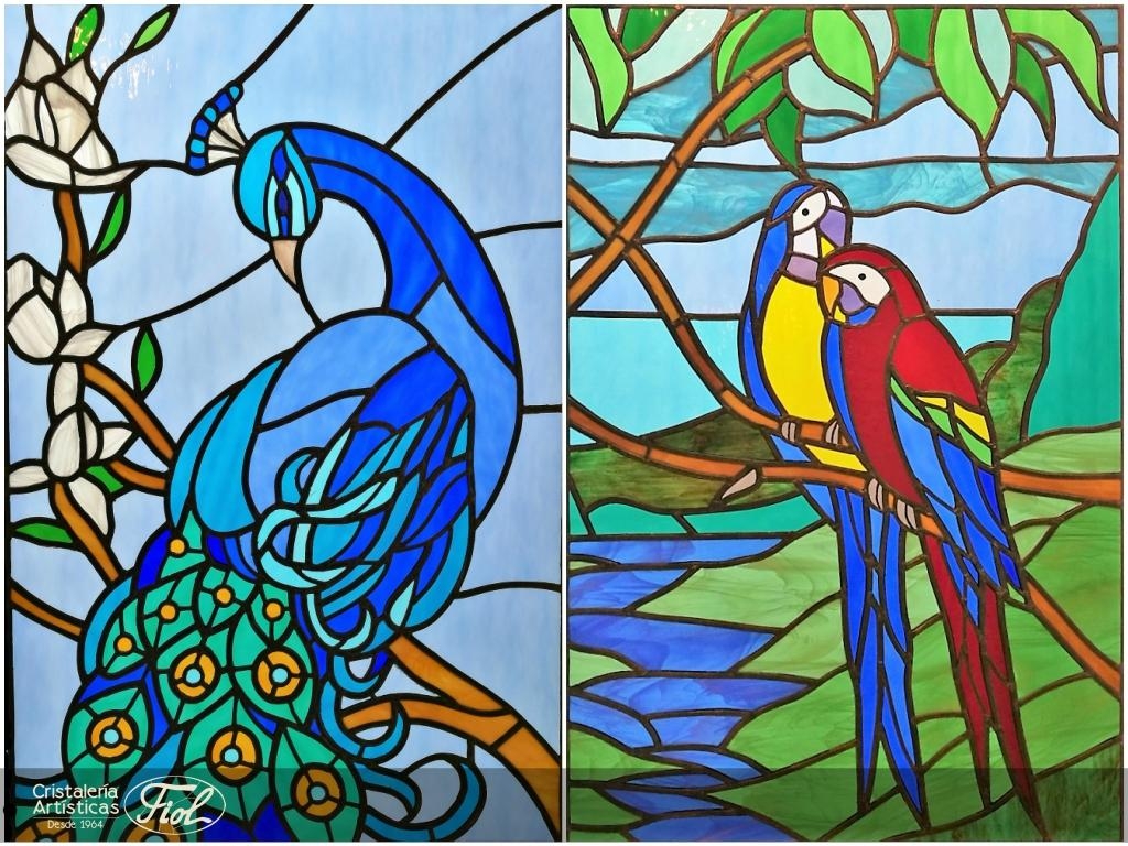 STAINED GLASS PEACOCK AND PARROTS 